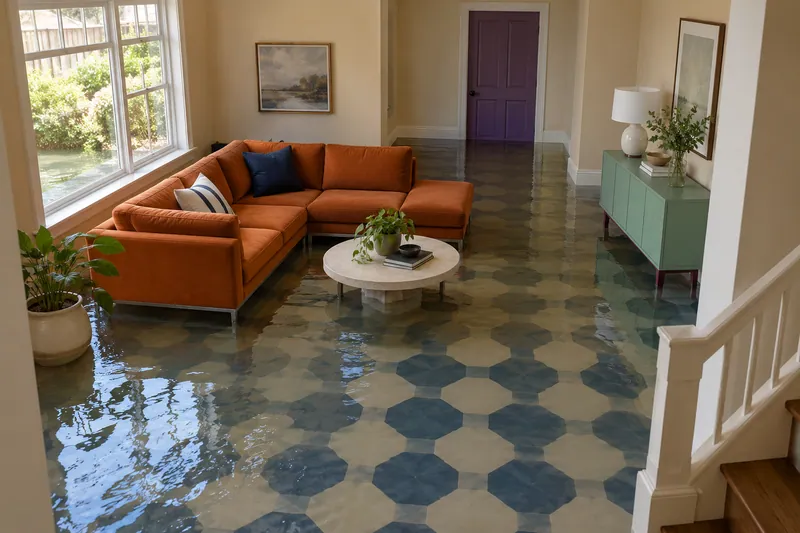 Water Extraction Near Windmill Ridge Park — flooded interior with submerged furniture feet